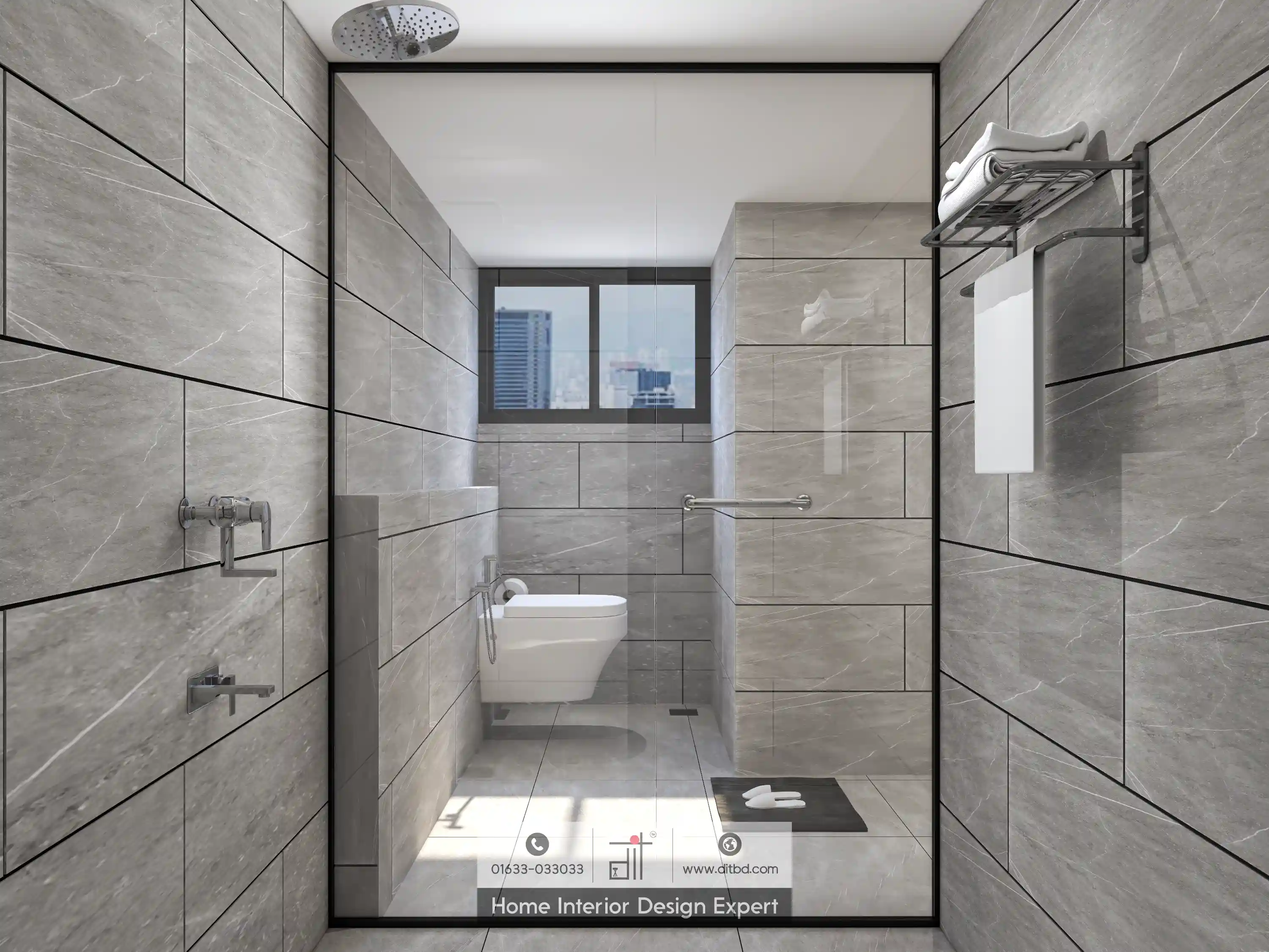 Modern bathroom with marble-textured tiles, glass shower partition, wall-mounted toilet, and natural light from window.
