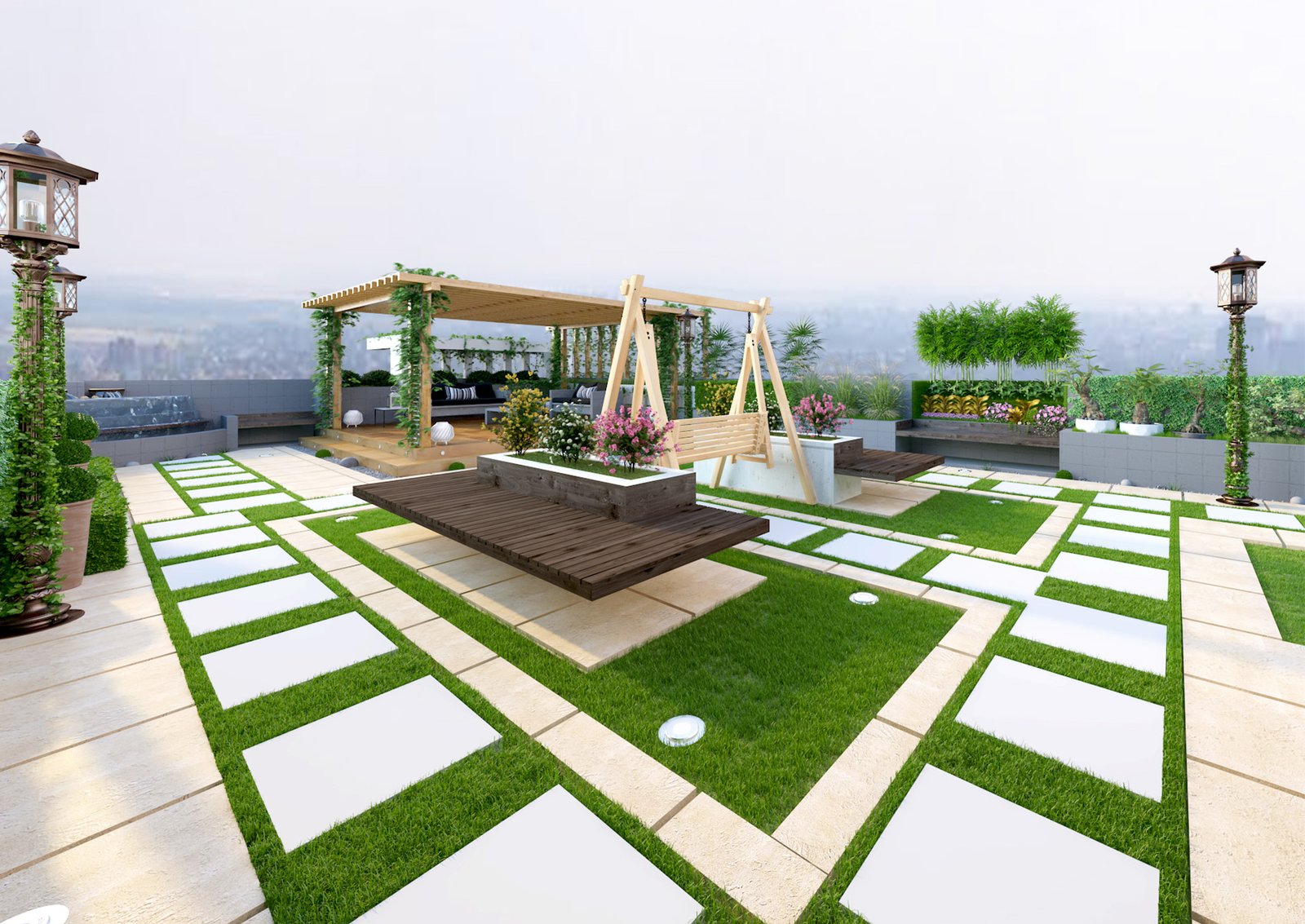 The image showcases a beautifully designed rooftop garden with a modern and elegant layout. The garden features a combination of green grass and white stone pathways, creating a visually appealing pattern. There is a wooden deck area with a swing set, surrounded by planters filled with vibrant flowers. A pergola covered with climbing plants provides a shaded seating area with comfortable outdoor furniture. The garden is adorned with decorative lanterns and various potted plants, adding to the serene and inviting atmosphere. This rooftop garden design is an excellent example of maximizing outdoor space for relaxation and leisure.