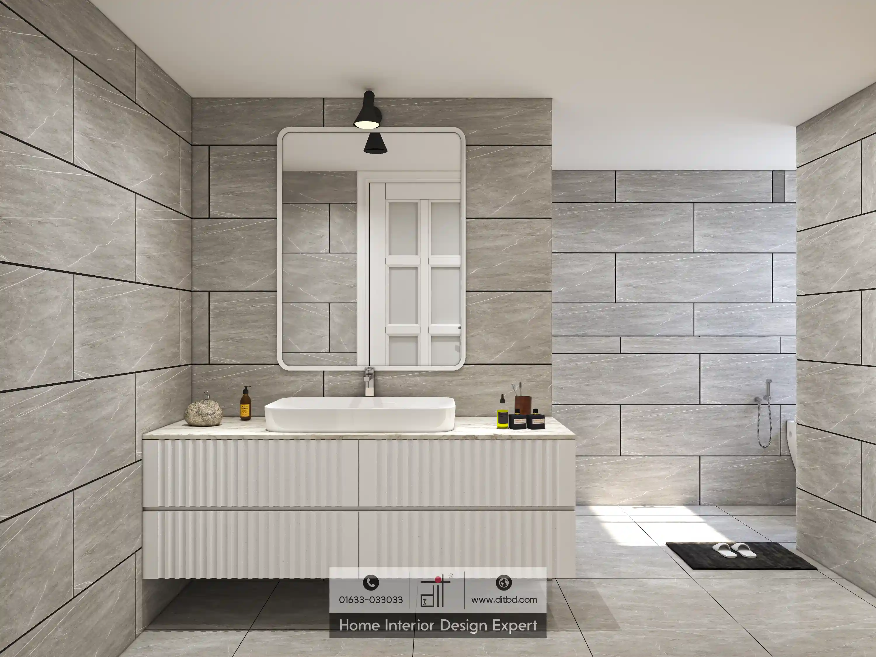 Modern bathroom with marble-textured tiles, glass shower partition, wall-mounted toilet, and natural light from window.