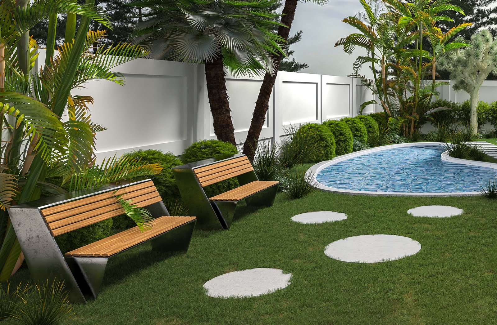 A beautifully landscaped backyard designed for modern outdoor living. This space features two sleek wooden benches with metal frames, positioned on a well-manicured lawn. The lawn includes circular stepping stones leading to a uniquely shaped swimming pool with clear blue water. The area is surrounded by lush greenery, including various types of palm trees, bushes, and ornamental plants, all enclosed by a clean, white fence. This setup creates a tranquil and inviting atmosphere, perfect for relaxation and outdoor gatherings. The combination of natural elements and modern design makes this backyard both aesthetically pleasing and functional, showcasing an ideal example of outdoor home improvement and landscaping.