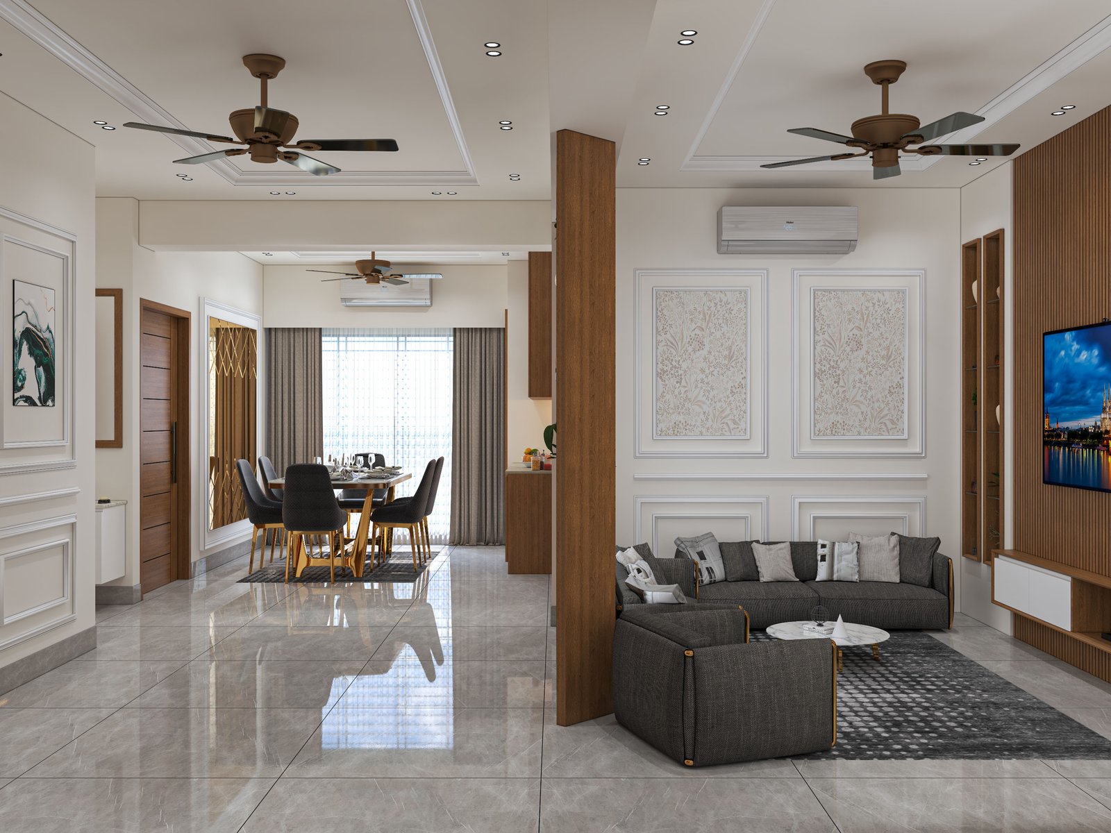 A modern, open-concept living and dining area with a sophisticated and elegant design. The living room features a dark gray sectional sofa with matching cushions, a round white marble coffee table, and a large flat-screen TV mounted on a wooden accent wall. The walls are adorned with intricate white paneling and decorative artwork. The dining area includes a round dining table with black upholstered chairs, set against a backdrop of large windows with sheer curtains, allowing natural light to flood the space. The flooring is polished gray marble tiles, adding to the luxurious feel of the room. Ceiling fans with wooden blades and recessed lighting provide both functionality and style. The overall design is cohesive, with a neutral color palette and a mix of modern and classic elements, making it an inviting and aesthetically pleasing space.