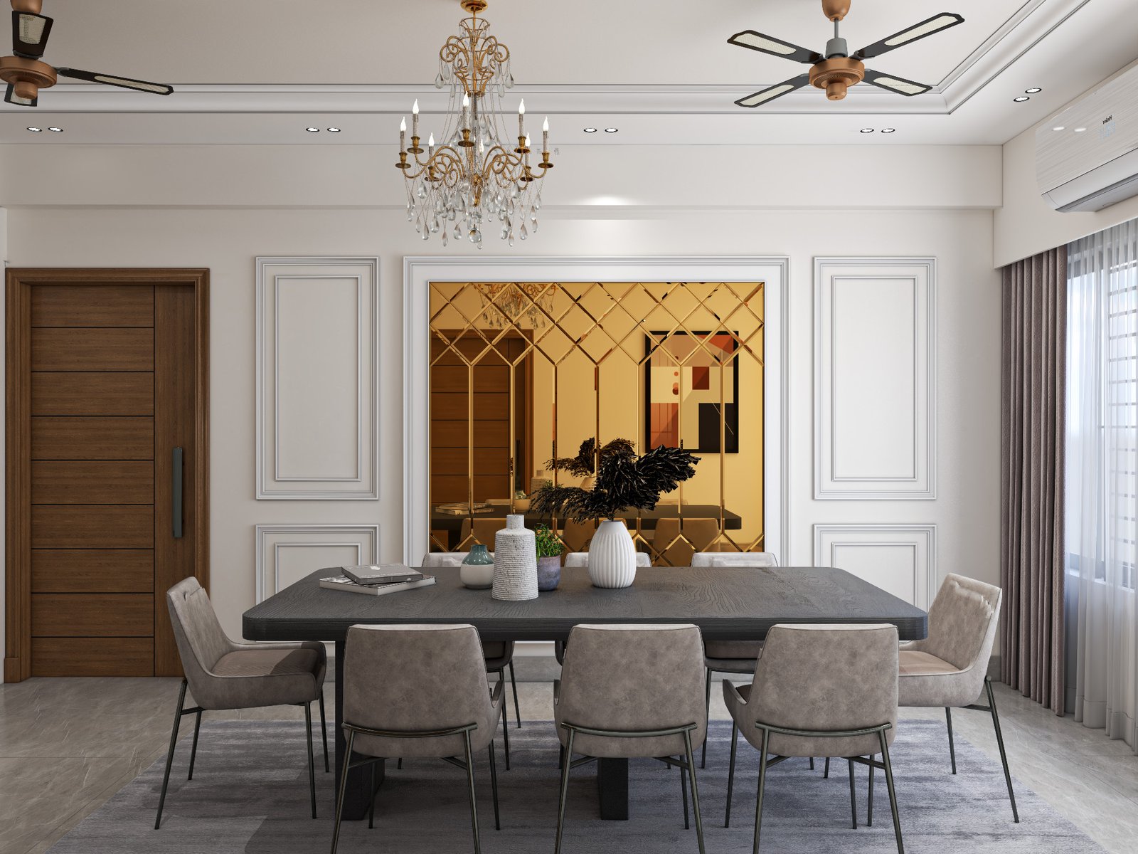 The image showcases a luxurious dining room interior. The space features a large, dark-finish rectangular dining table surrounded by six upholstered chairs in a neutral tone, exuding elegance. The table is adorned with decorative vases and books, adding a touch of sophistication. A striking gold lattice-framed mirror on the wall enhances the room's depth and grandeur. The light-colored walls with decorative molding elevate the refined ambiance. A wooden door with horizontal panels is visible on the left, while large windows with sheer curtains allow natural light to illuminate the space. The ceiling is adorned with a crystal chandelier and two modern ceiling fans, blending classic and contemporary design elements. The overall aesthetic is luxurious, well-coordinated, and inviting, making it a perfect setting for elegant dining experiences.