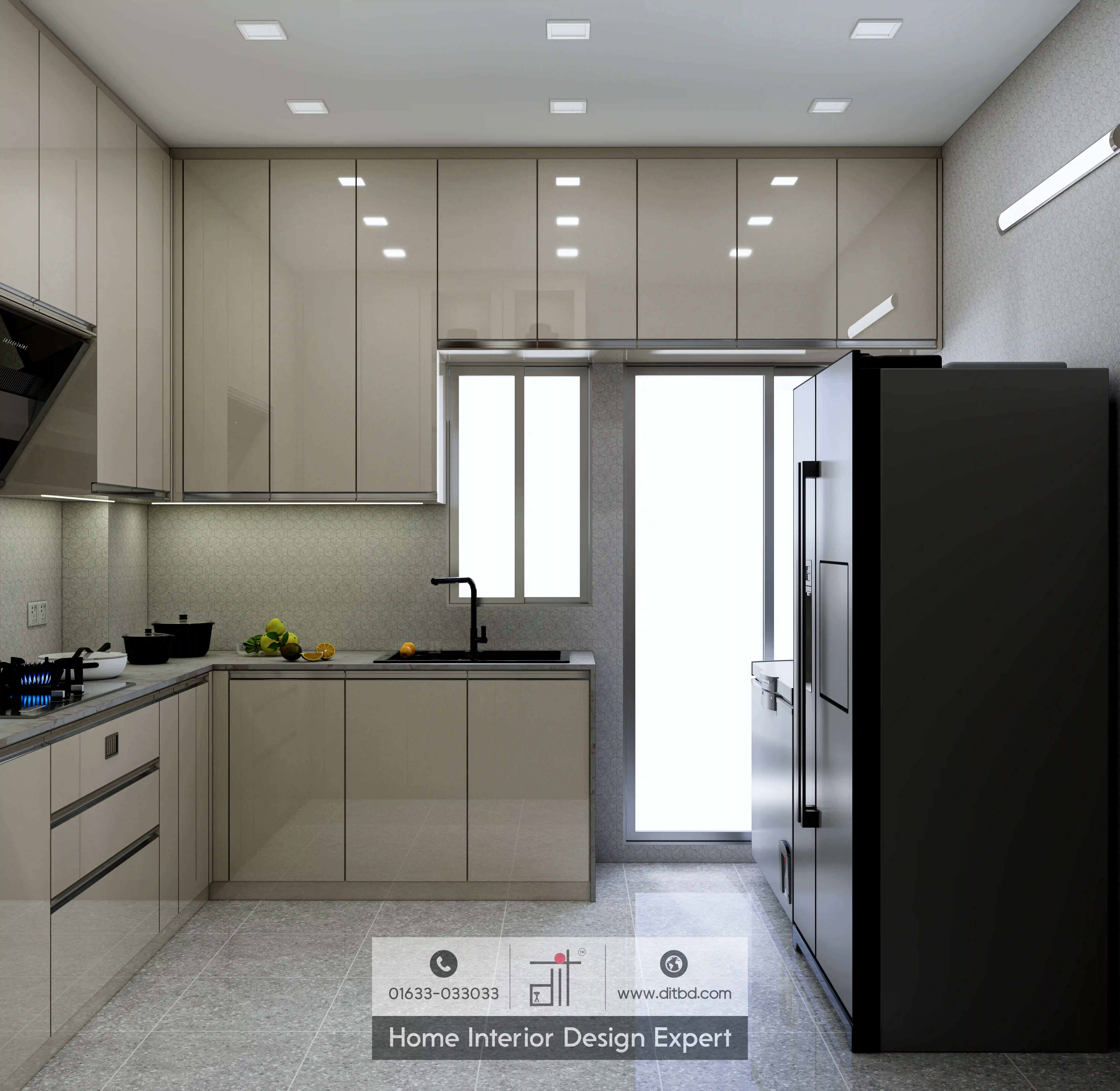Modern kitchen with sleek beige cabinets, black sink, large black refrigerator, light countertops, and integrated lighting.