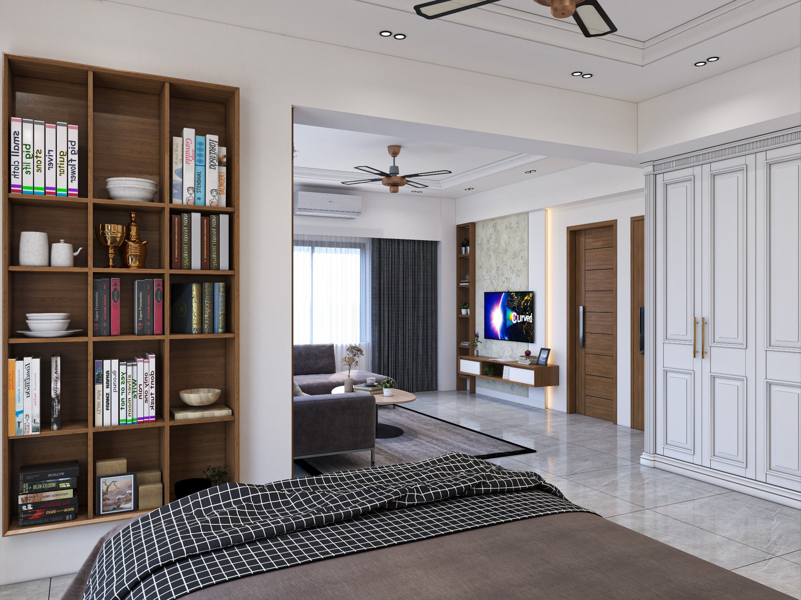 A contemporary home interior combining a stylish bedroom and a cozy living room. The bedroom features a bed with a modern black and white checkered bedspread, flanked by a wooden bookshelf filled with books, decorative items, and trophies, adding a personalized touch. The living room area is visible through an open doorway and includes a wall-mounted TV displaying a vibrant screen, a sleek wooden TV console, and a comfortable gray sofa set with a coffee table. The room's design incorporates white walls, tiled flooring, and wooden accents like doors and ceiling fans. Large windows with sheer curtains allow natural light to flood the space, enhancing the bright and airy atmosphere. The overall design is sleek, functional, and inviting, perfect for modern living.