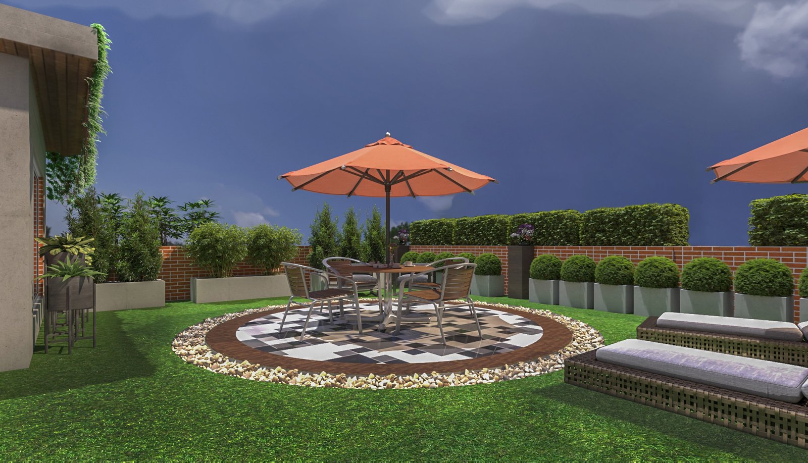 A beautifully designed rooftop garden featuring a central seating area with a round table and four chairs under an orange umbrella. The seating area is set on a circular tiled platform bordered with decorative stones. The garden is surrounded by lush greenery, including neatly trimmed hedges and potted plants, creating a serene and inviting atmosphere. Additional lounge chairs are placed on the grass, providing a perfect spot for relaxation. The backdrop of a clear blue sky enhances the tranquil ambiance of this outdoor space.
