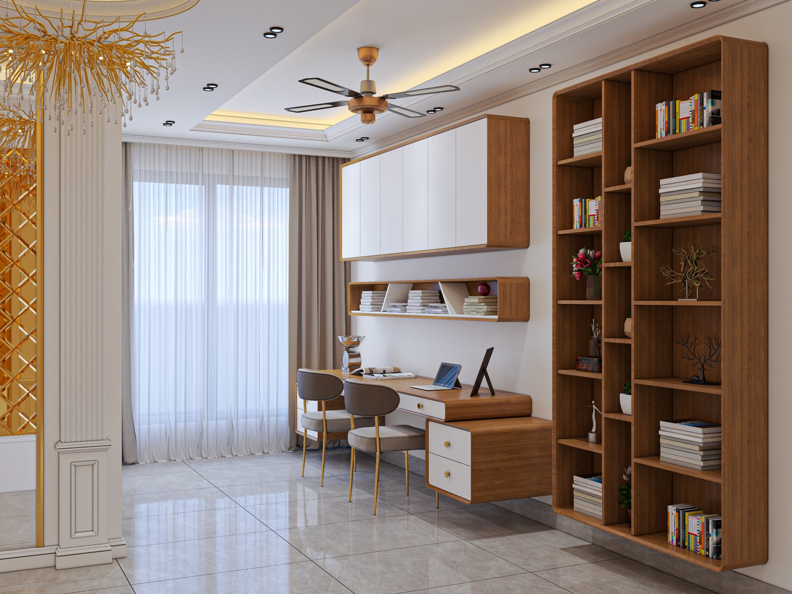 A beautifully designed modern home office interior, perfect for productivity and elegance. The office features a large window with sheer white curtains, allowing ample natural light to flood the space. A wooden desk is set against the window, equipped with two ergonomic chairs, suggesting a collaborative workspace. Above the desk, wall-mounted cabinets and shelves provide ample storage, displaying books and stylish decorative items. To the right, a tall wooden bookshelf is filled with books, plants, and small sculptures, adding character and warmth to the room. The ceiling is adorned with recessed lighting, a ceiling fan, and a sophisticated gold-accented chandelier, enhancing the room's contemporary charm. The glossy tiled floor adds a touch of modernity, making this home office both functional and aesthetically pleasing, ideal for a stylish and efficient work environment.