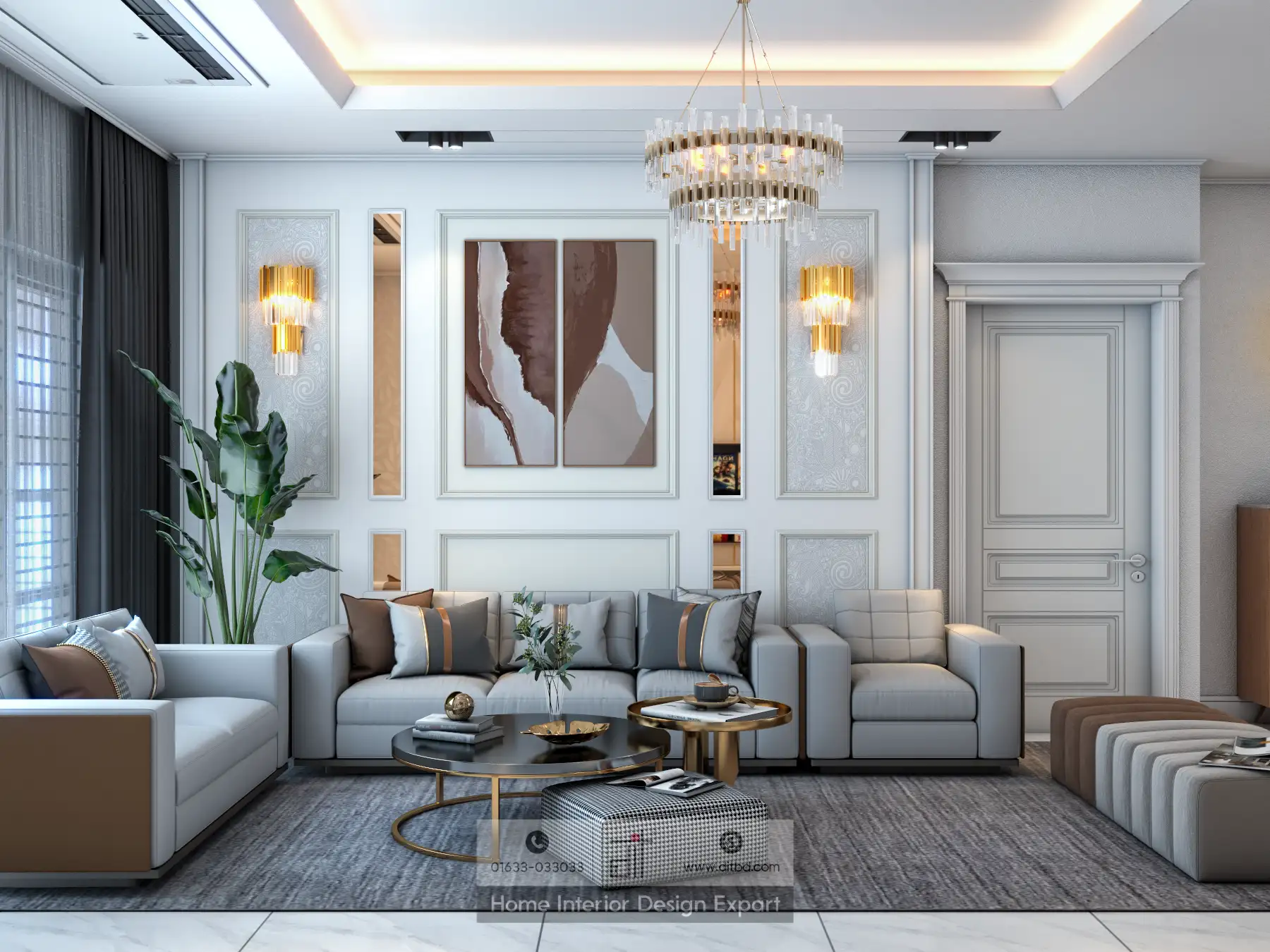 A modern living room with a grey and white color scheme, featuring a large sectional sofa, abstract wall art, gold accents, a chandelier, and a potted plant.