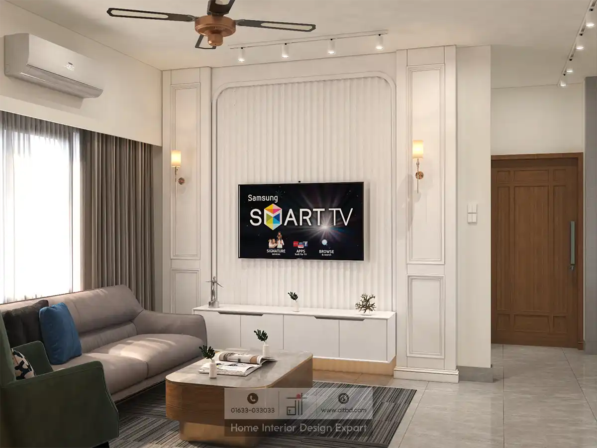 Modern living room with smart TV, beige sofa, and wooden coffee table.