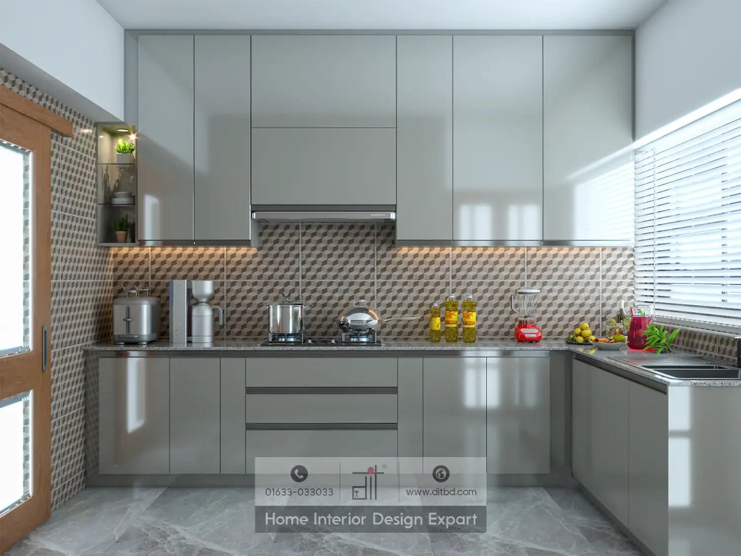 Modern kitchen with sleek cabinets, built-in stovetop, and decorative items on open shelves. Features under-cabinet lighting and large windows.