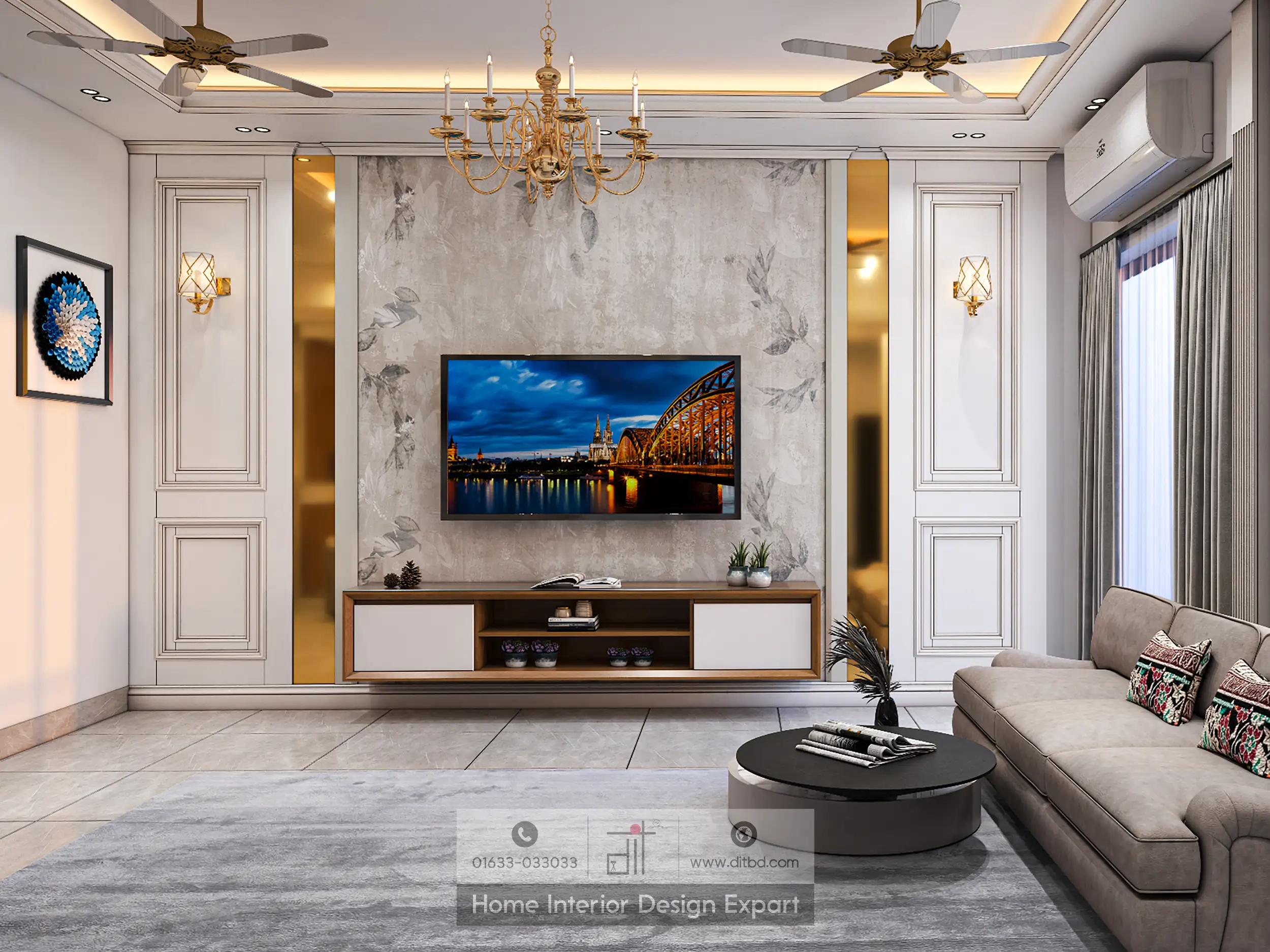 Modern living room with wall-mounted TV, beige sofa, coffee table, patterned rug, and decorative items on a sleek console table.