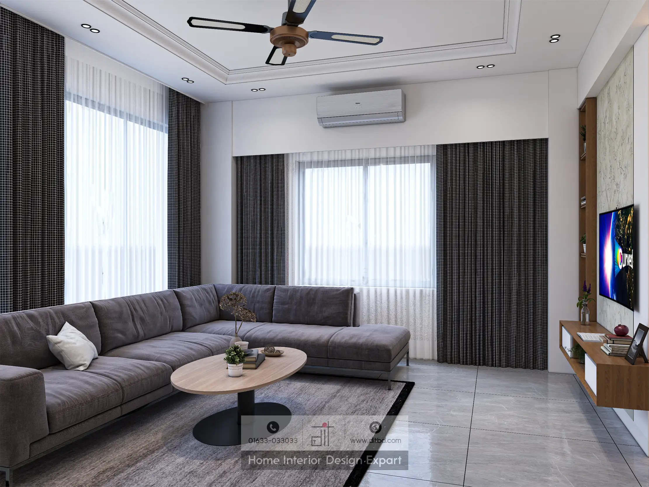 Modern living room with L-shaped gray sofa, round coffee table, large windows, ceiling fan, wall-mounted TV, and wooden shelf.