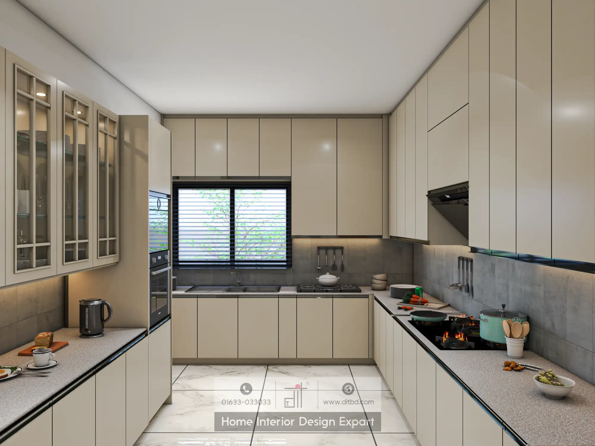 Modern modular kitchen with beige glossy cabinetry, large window, light countertops, stovetop in use, and tiled floor. Functional and aesthetically pleasing design.