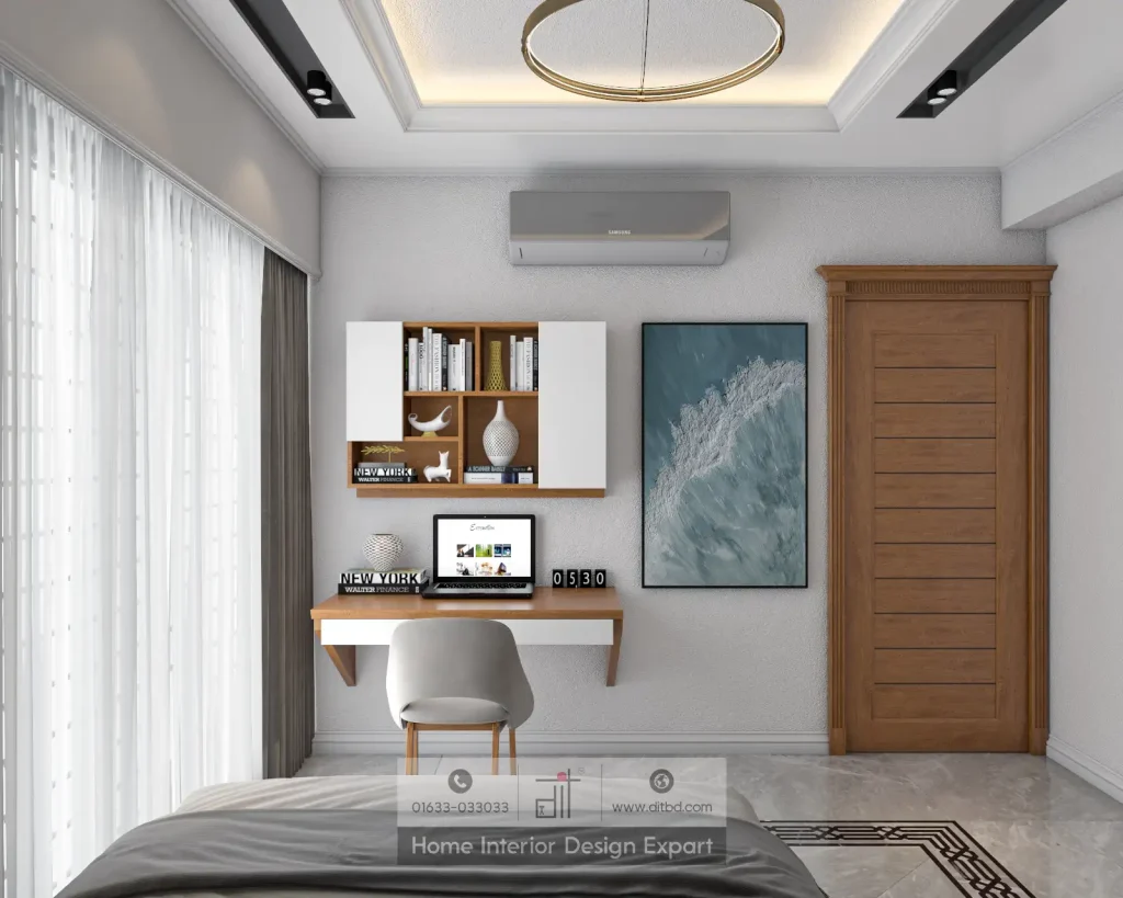 Wall-mounted study desk with walnut shelf unit and ocean wave artwork in Dhanmondi 10A bedroom by DIT Studio