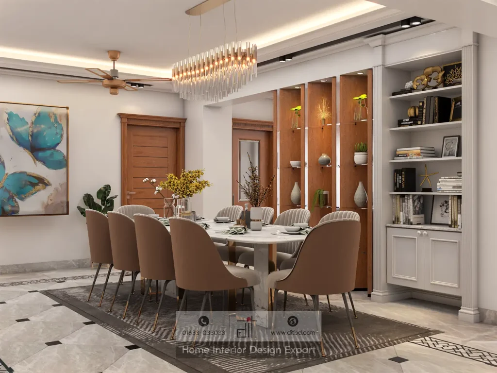 Formal dining room with walnut display partition and butterfly artwork in Dhanmondi 10A by DIT Studio