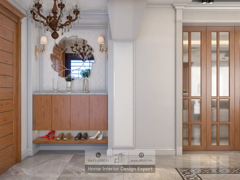 Foyer entrance with decorative branch mirror and walnut shoe cabinet in Dhanmondi 10A by DIT Studio
