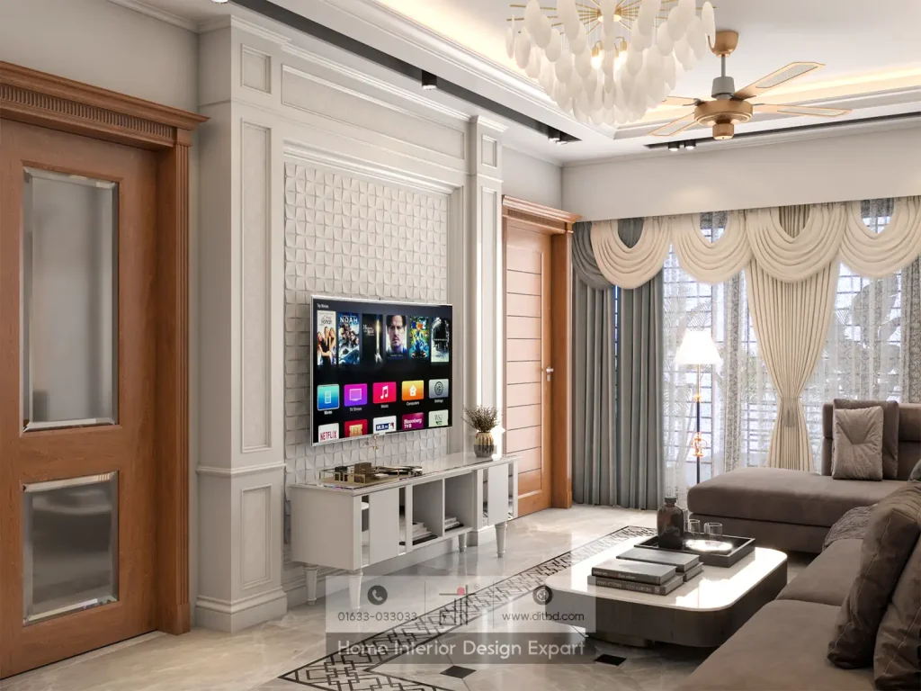 Living room with quilted TV wall and teal curtains in Dhanmondi 10A apartment by DIT Studio