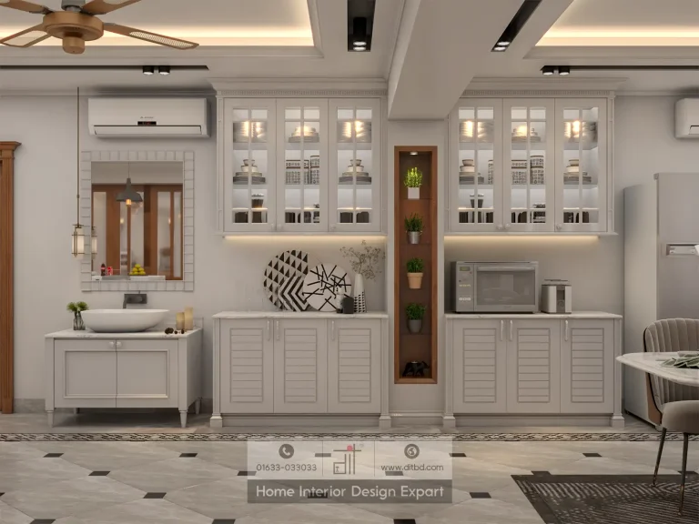 Custom ivory crockery display cabinets with LED lighting and wash station in Dhanmondi 10A by DIT Studio
