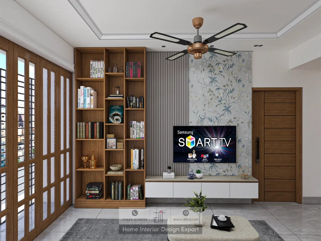 Walnut bookshelf and botanical wallpaper TV feature wall in Aftabnagar living room by DIT Studi