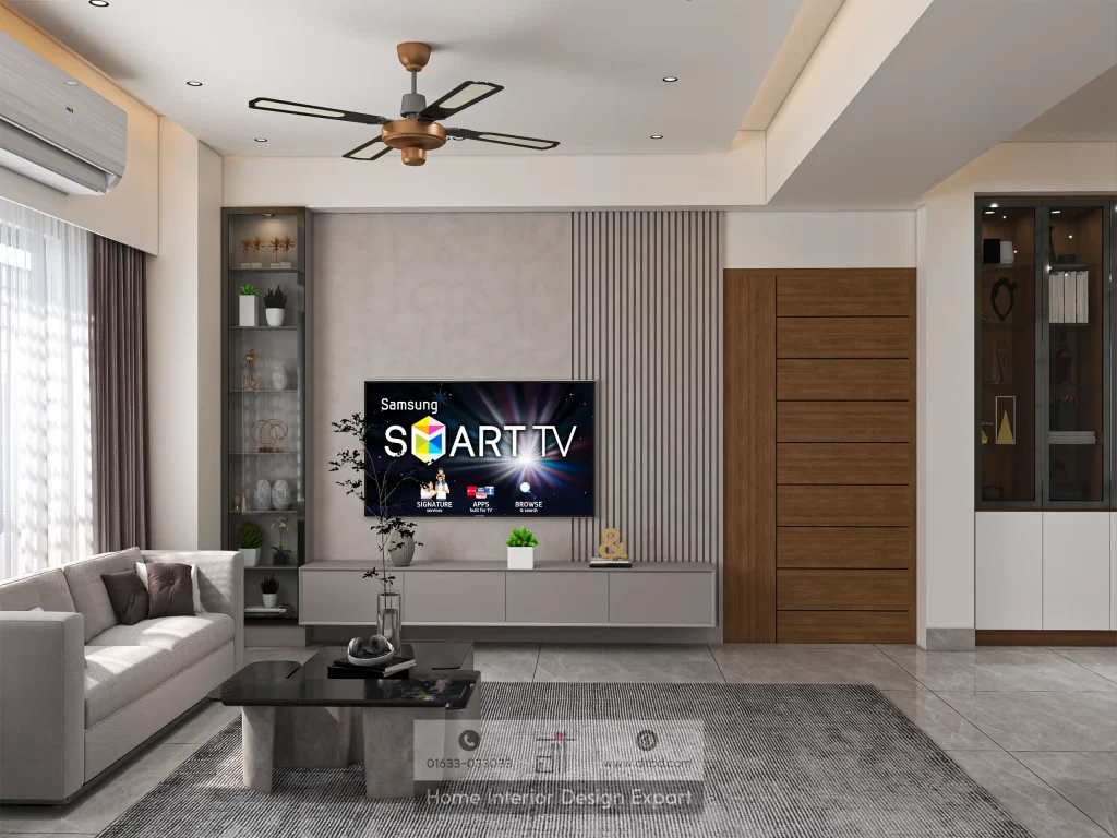 Modern living room with grey fluted TV wall and walnut door in Aftabnagar apartment by DIT Studio