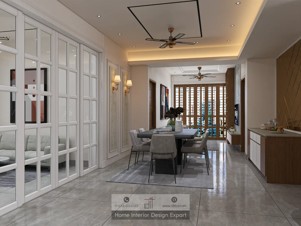 White grid-glass folding doors separating dining area in Aftabnagar apartment by DIT Studio
