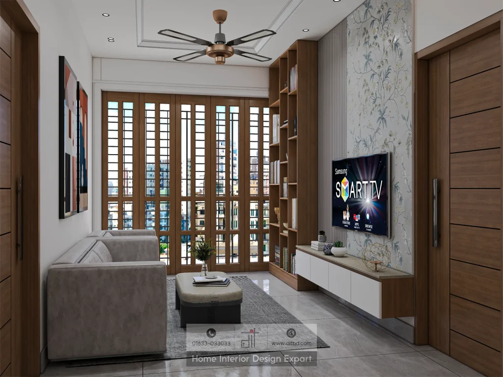 Living room view through walnut louvered partition in Aftabnagar apartment by DIT Studio