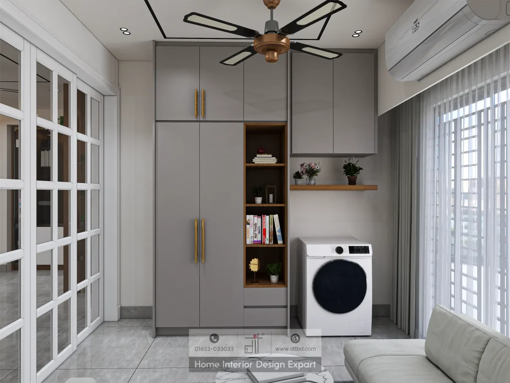 Grey floor-to-ceiling storage cabinet with integrated washing machine in Aftabnagar by DIT Studio