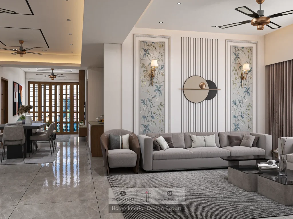 Grey sofa with botanical wallpaper art panels and gold sconces in Aftabnagar living room by DIT Studio