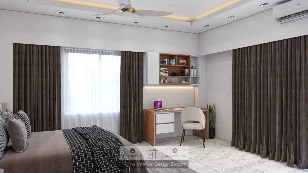 Study desk with bookshelf and bed with check bedding in luxury child bedroom Basila apartment by DIT Studio