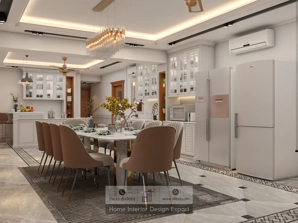 Luxury ten-seater marble dining table with upholstered chairs and glass-rod chandelier in Dhanmondi 10A by DIT Studio