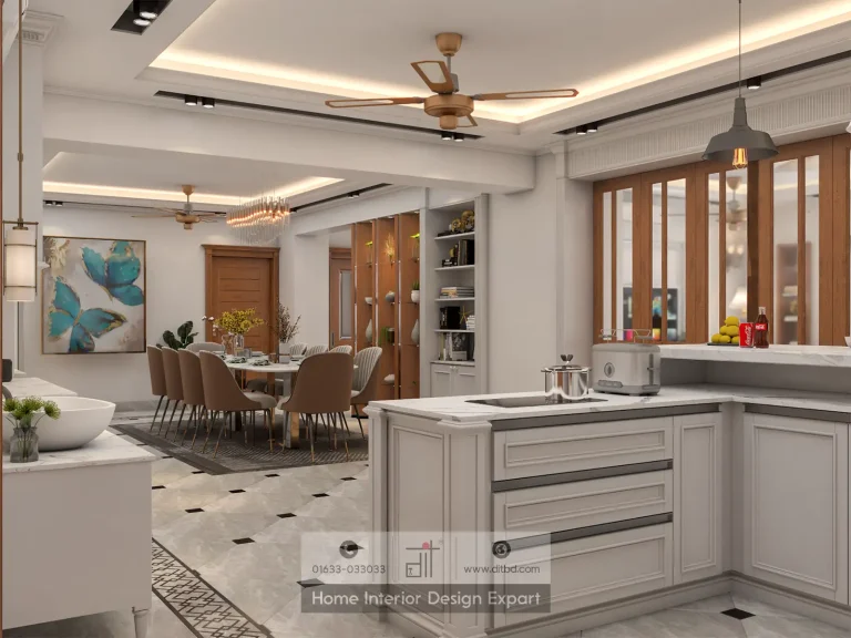 Open-plan kitchen and dining area with crystal chandelier and butterfly artwork in Dhanmondi 10A apartment by DIT Studio