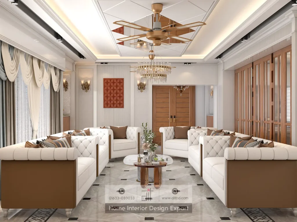 Full symmetrical view of luxury living room with mirrored ceiling in Dhanmondi 10A designed by DIT Studio