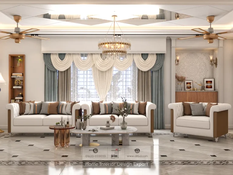 Living room window wall with layered teal and ivory drapery in Dhanmondi 10A by DIT Studio