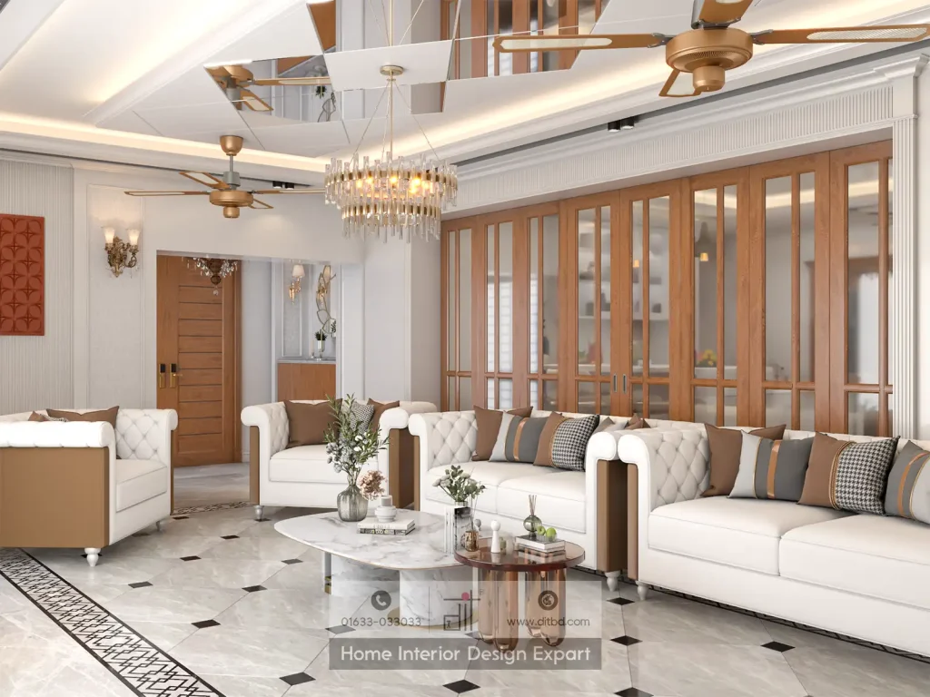 White tufted sofa arrangement with walnut glass partition in Dhanmondi 10A living room by DIT Studio