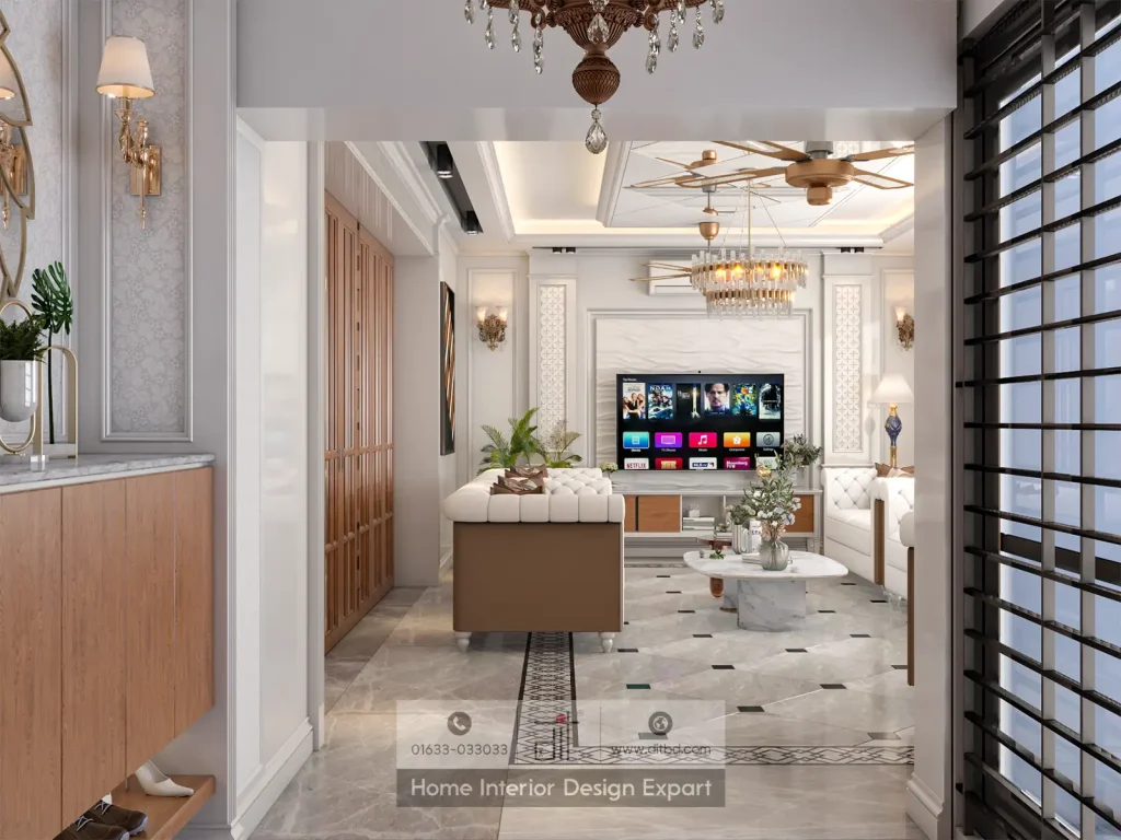 Foyer entrance to grand living room with bronze chandelier in Dhanmondi 10A apartment by DIT Studio