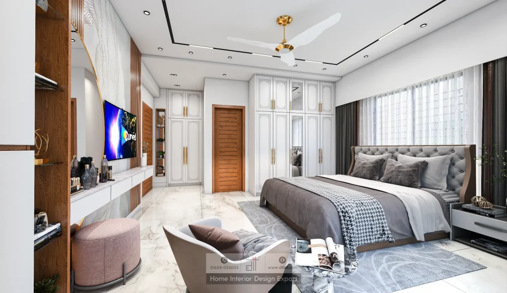 White panelled wardrobe with vanity area and blush chaise lounge in modern bedroom designed by DIT Studio in Uttara Sector 7 Dhaka