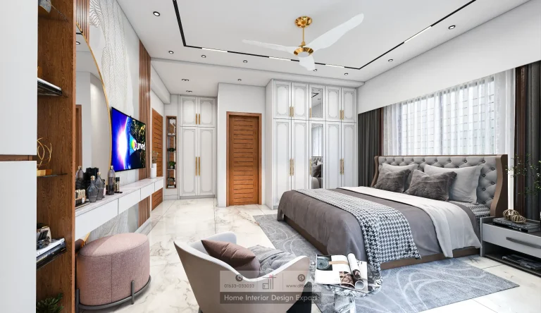 White panelled wardrobe with vanity area and blush chaise lounge in modern bedroom designed by DIT Studio in Uttara Sector 7 Dhaka