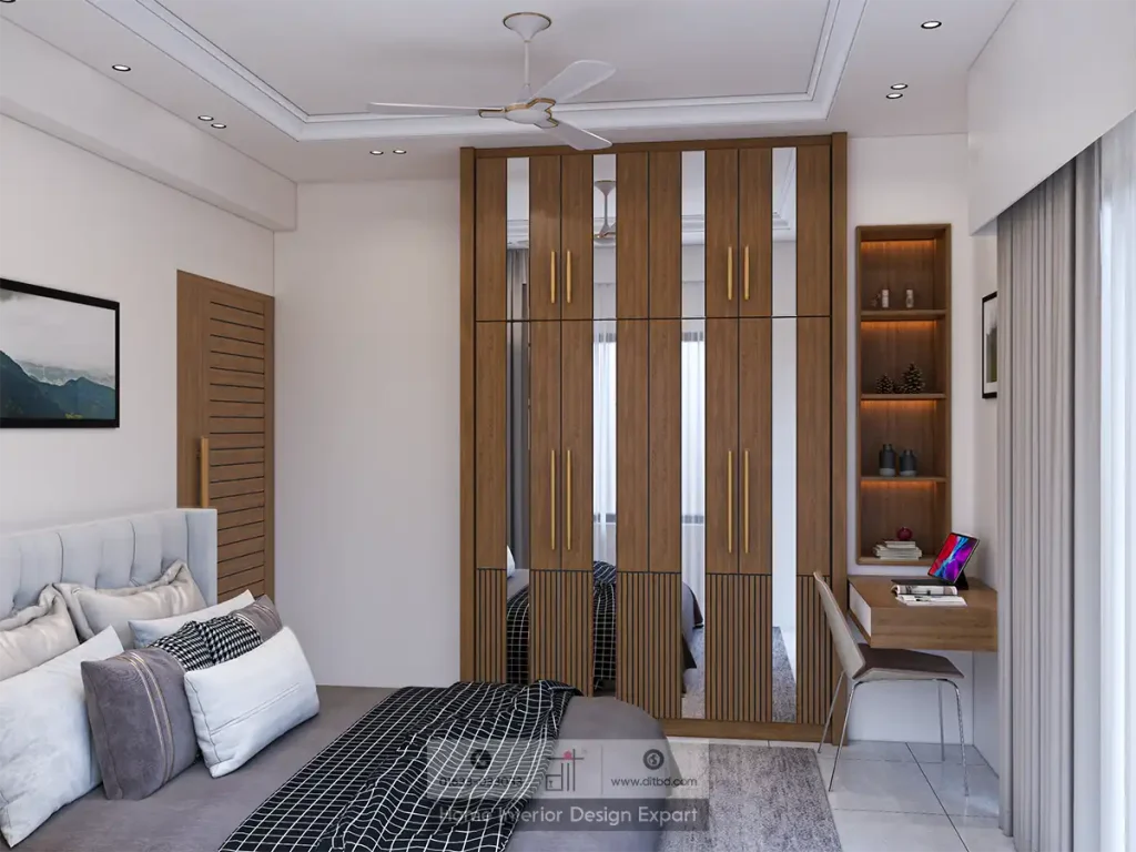 Walnut wardrobe with mirror strip and illuminated display niche in Basila bedroom by DIT Studio