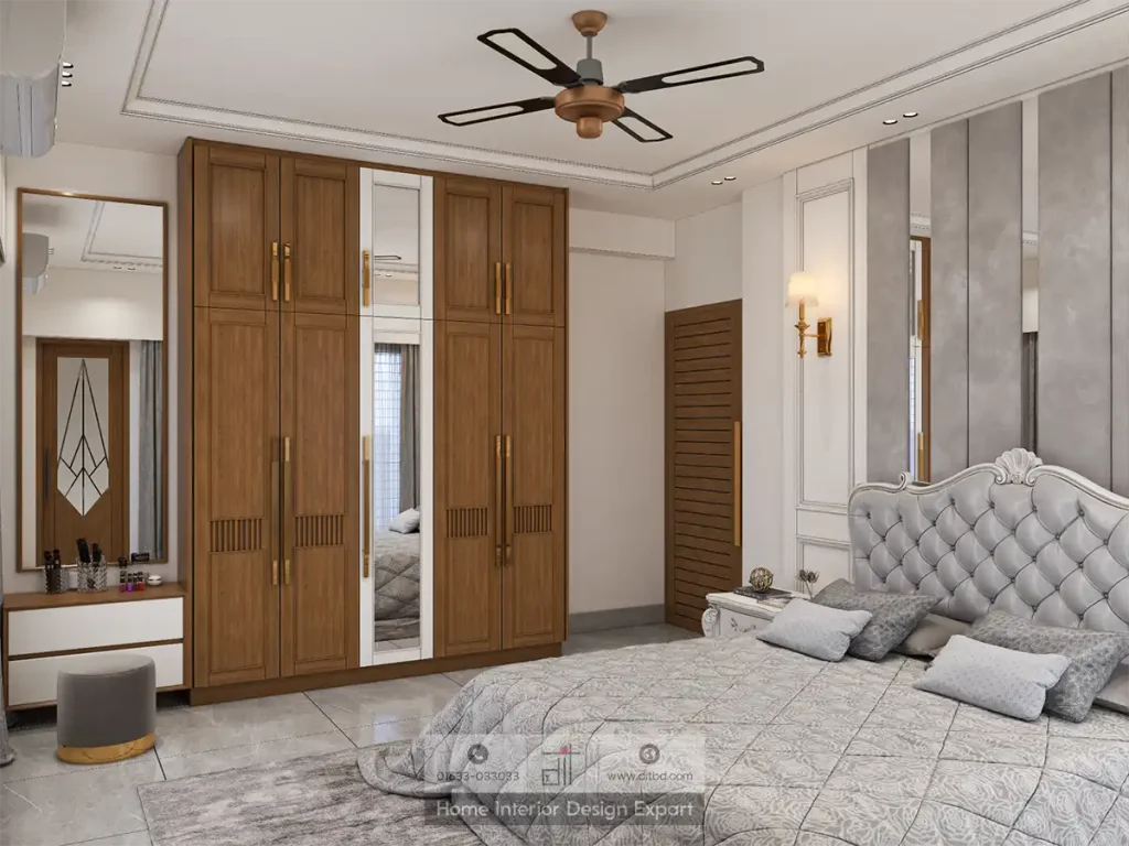 Full bedroom with walnut wardrobe and grey tufted headboard in Basila Dhaka by DIT Studio