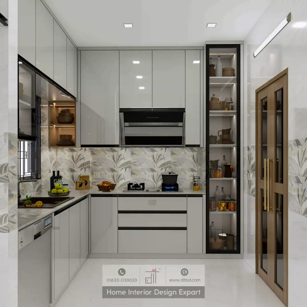 Wide-angle view of complete modern kitchen with dishwasher stove and wooden entry door in Uttara by DIT Studio