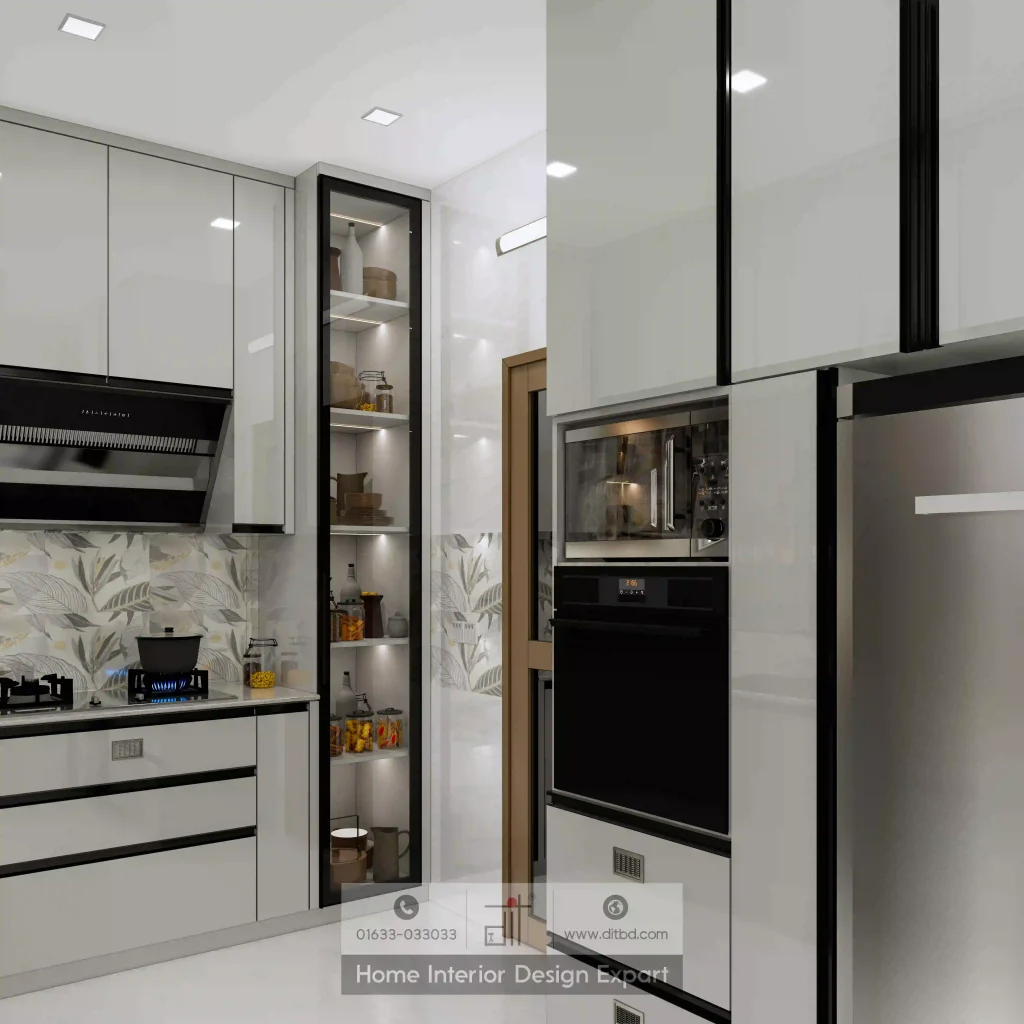 Close-up of glass display unit with LED shelves and built-in oven in modern kitchen Uttara Sector 5 by DIT Studio