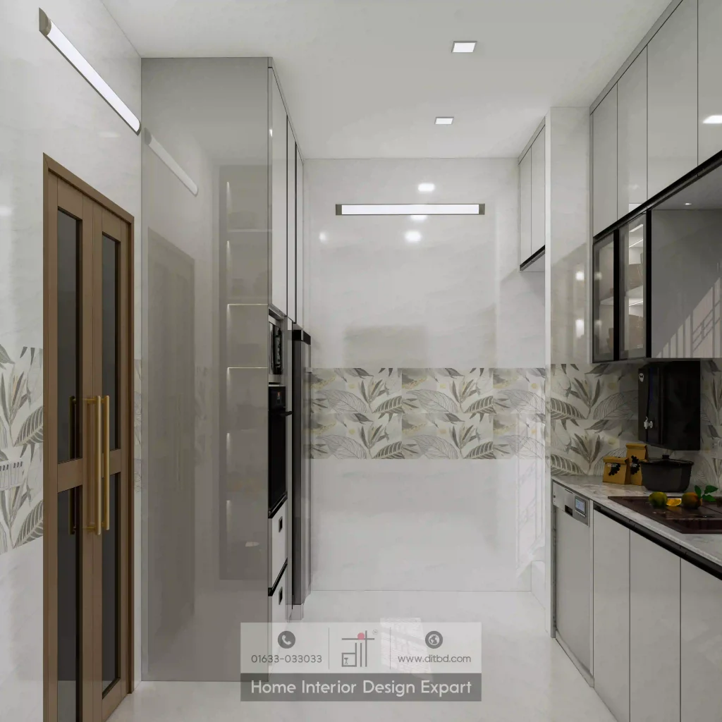 Full-length galley view of modern kitchen with botanical tiles and grey cabinetry in Uttara by DIT Studio