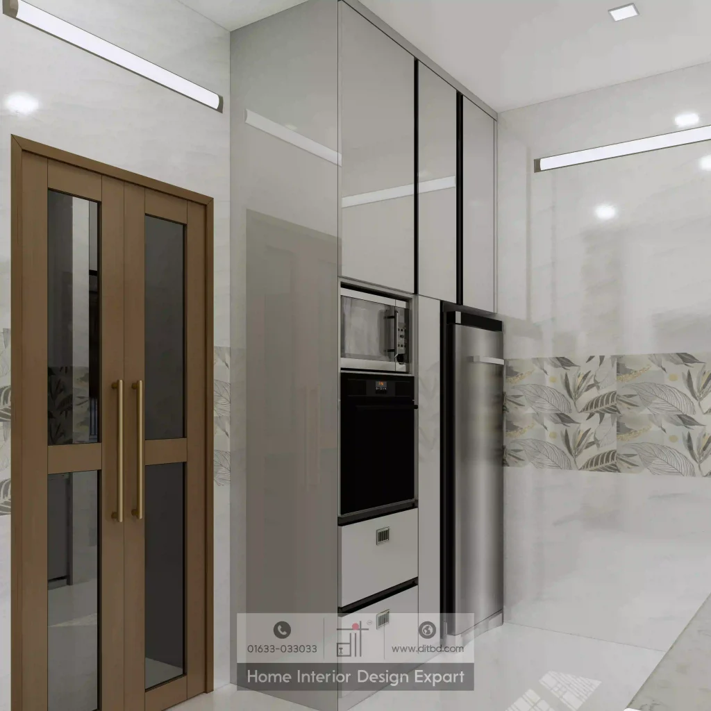 Built-in oven microwave and refrigerator in appliance tower of modern kitchen Uttara apartment by DIT Studio