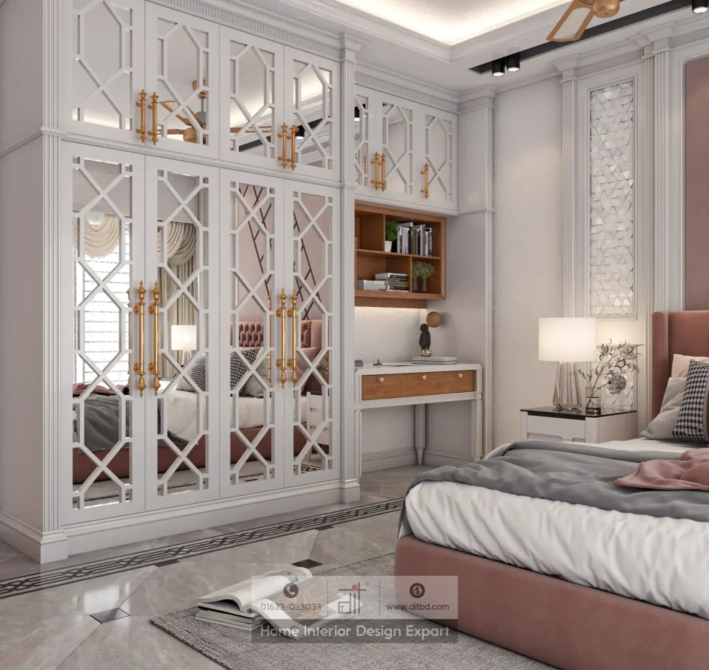 White geometric mirrored wardrobe with gold handles and built-in study nook in luxury girls bedroom design by DIT Studio in Dhanmondi 10A Dhaka
