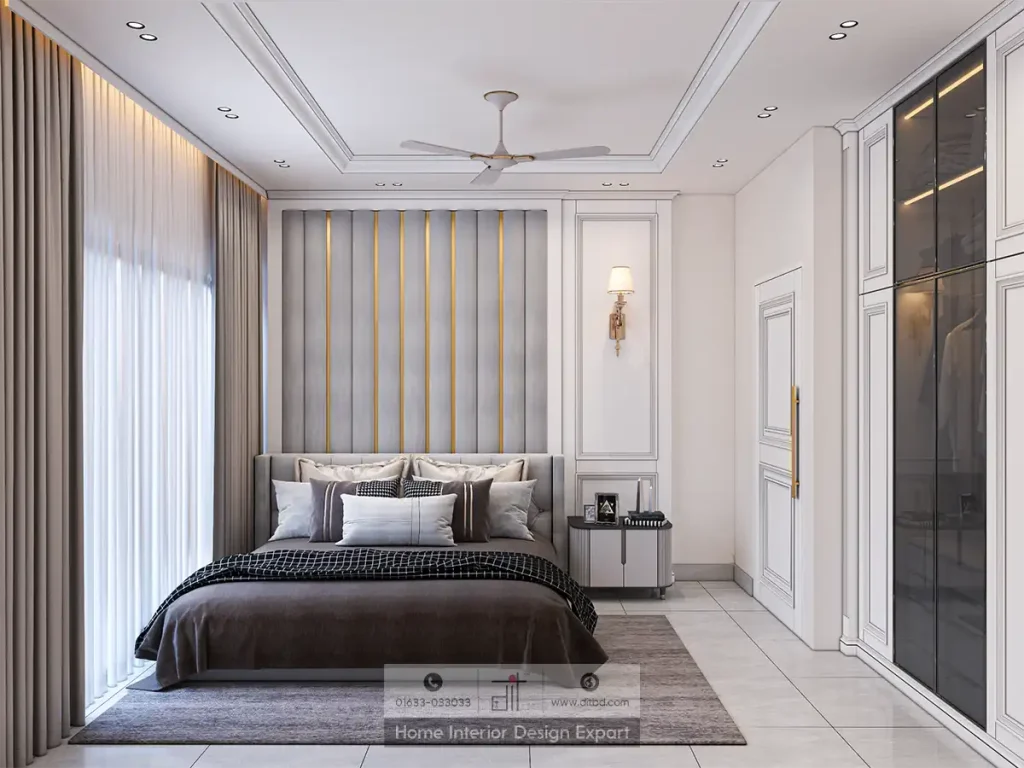Luxury girls bedroom with grey channel-tufted headboard and gold strip accents in Dhanmondi-6A by DIT Studio
