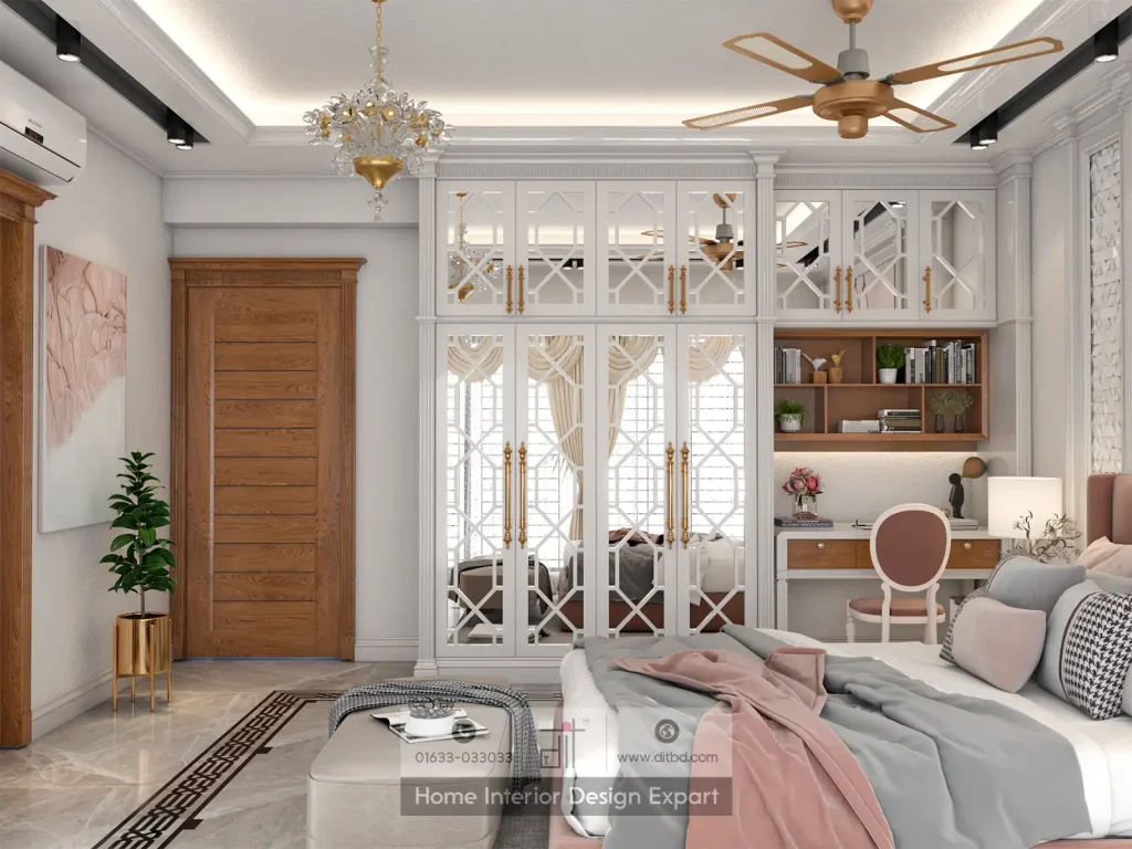 Full bedroom view showing mirrored wardrobe wall wooden door and gold chandelier in girls bedroom designed by DIT Studio Dhanmondi 10A