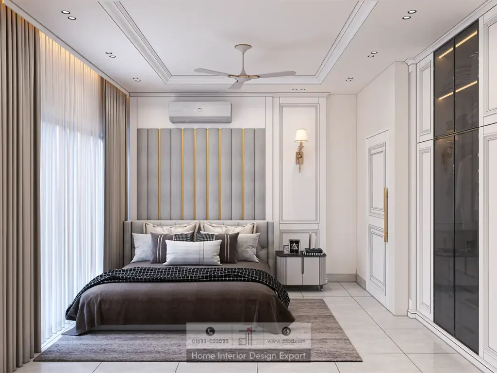Wider bedroom view with AC unit and smoked-glass wardrobe in Dhanmondi-6A girls room by DIT Studio