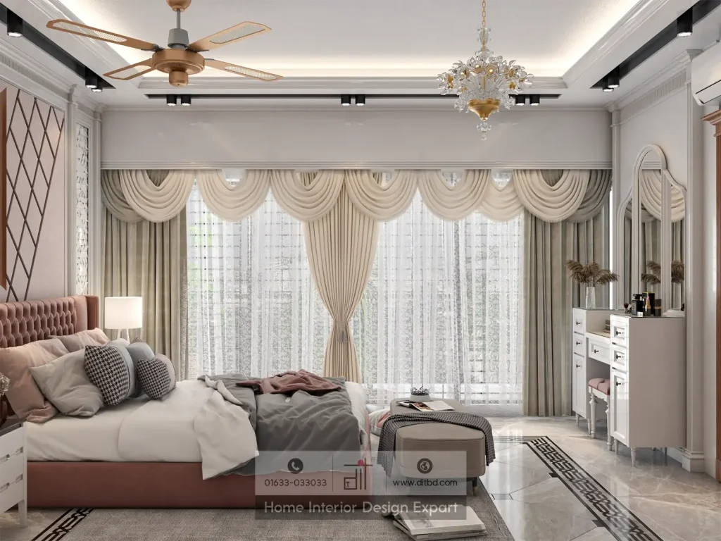 Floor-to-ceiling windows with elegant cream swag curtains and crystal chandelier in luxury girls bedroom by DIT Studio Dhanmondi 10A Dhaka