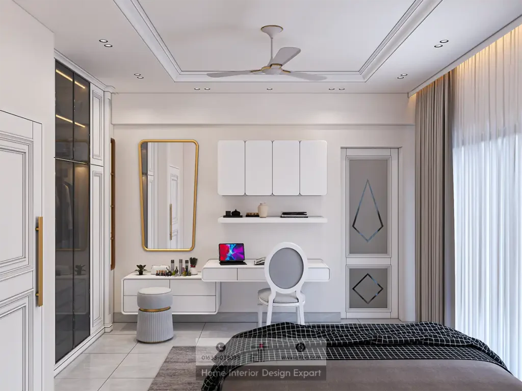 White vanity and study station with gold-framed mirror and Louis XVI chair in Dhanmondi-6A by DIT Studio