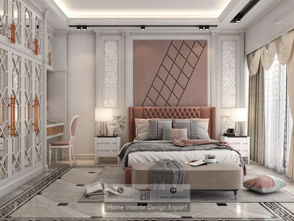 Blush pink diamond-tufted headboard with white nightstands and 3D lattice wall panel in girls bedroom by DIT Studio Dhanmondi 10A