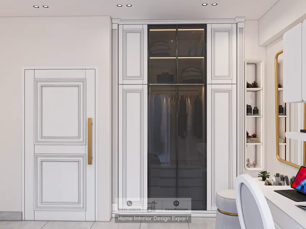 Full girls bedroom perspective with wall sconce, grid throw and white wardrobe in Dhanmondi-6A by DIT Studio